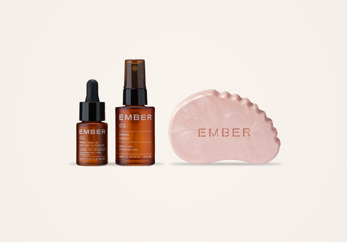 Ember Wellness Daytime Glow Set featuring 02/ Oil + Water Duo, The Sculpt & Glow Bar in quartz