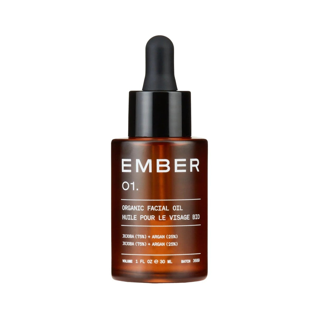Ember organic facial oil bottle on a white background