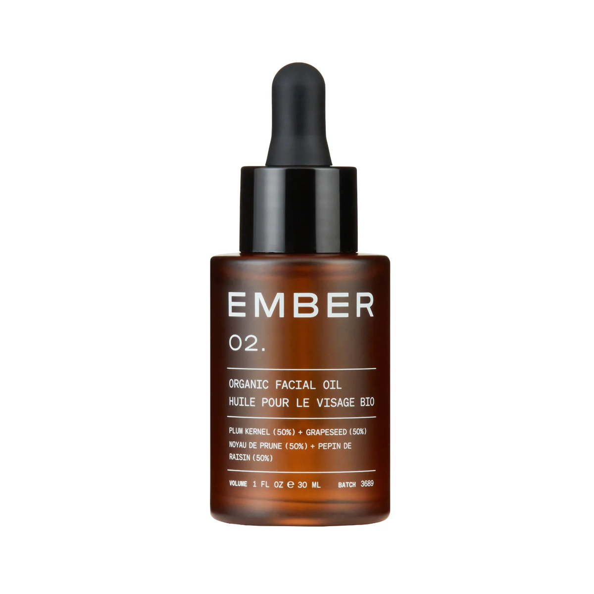 Ember organic facial oil bottle on a white background